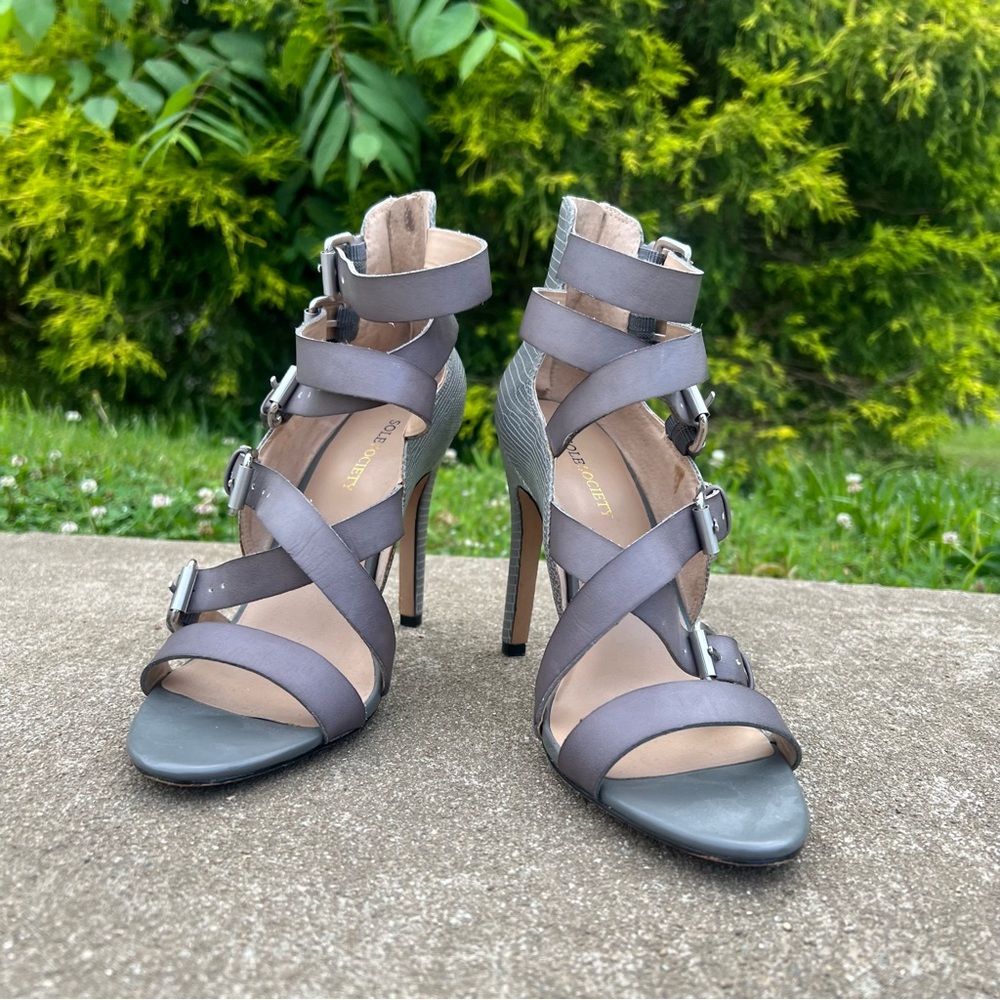 Sole Society Ashton Textured High Heel Sandal Gray Strappy Buckle, size 8-1/2 - Picture 6 of 13